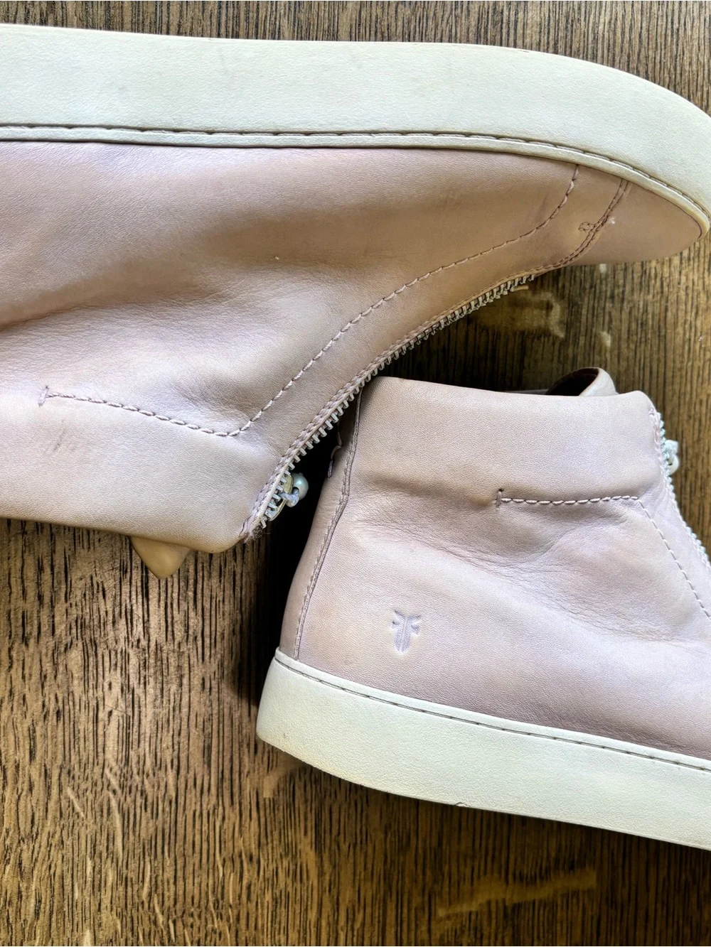 Frye Lena Zip High Top Sneakers Blush Pink Leather Pearl‎ Zip Women 8.5